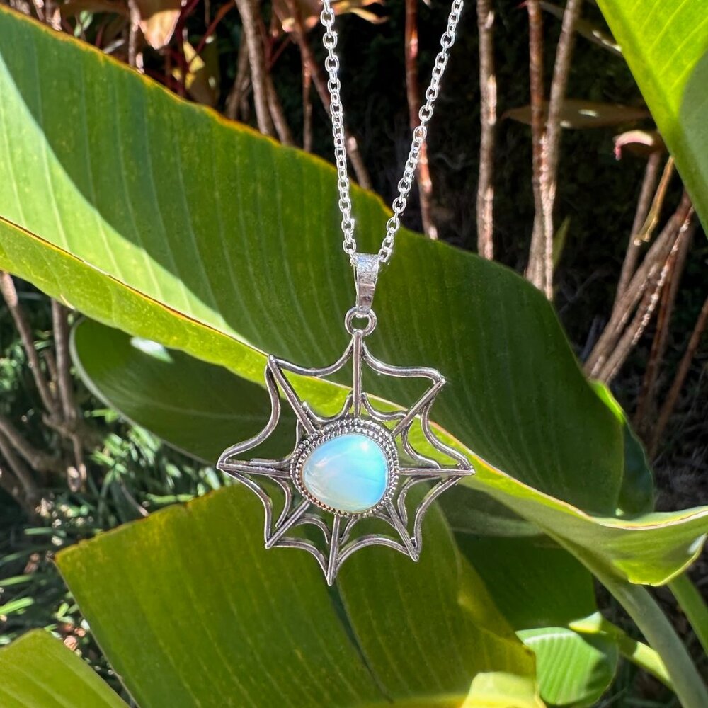 NEW Halloween Opalite Spider Web Pendant Man Made Encased Crystal